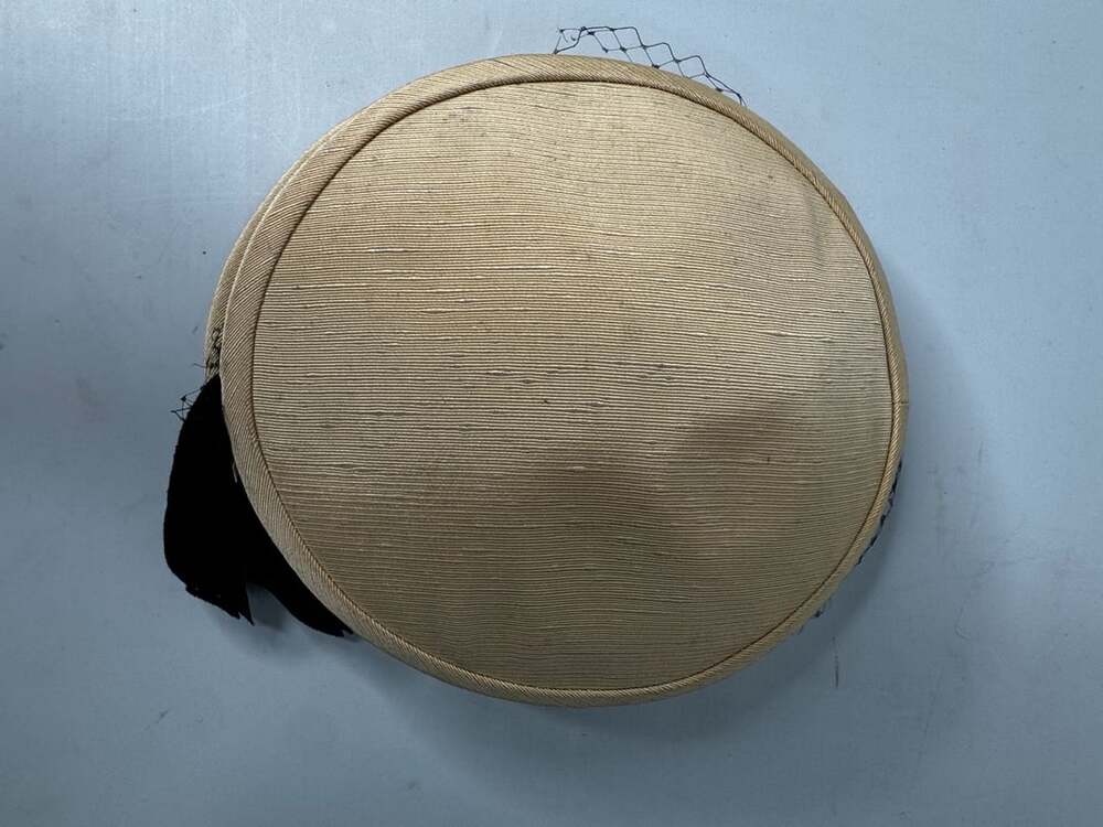 Marshall Field & Co Vintage Pillbox Hat Tan Straw Mesh Bow